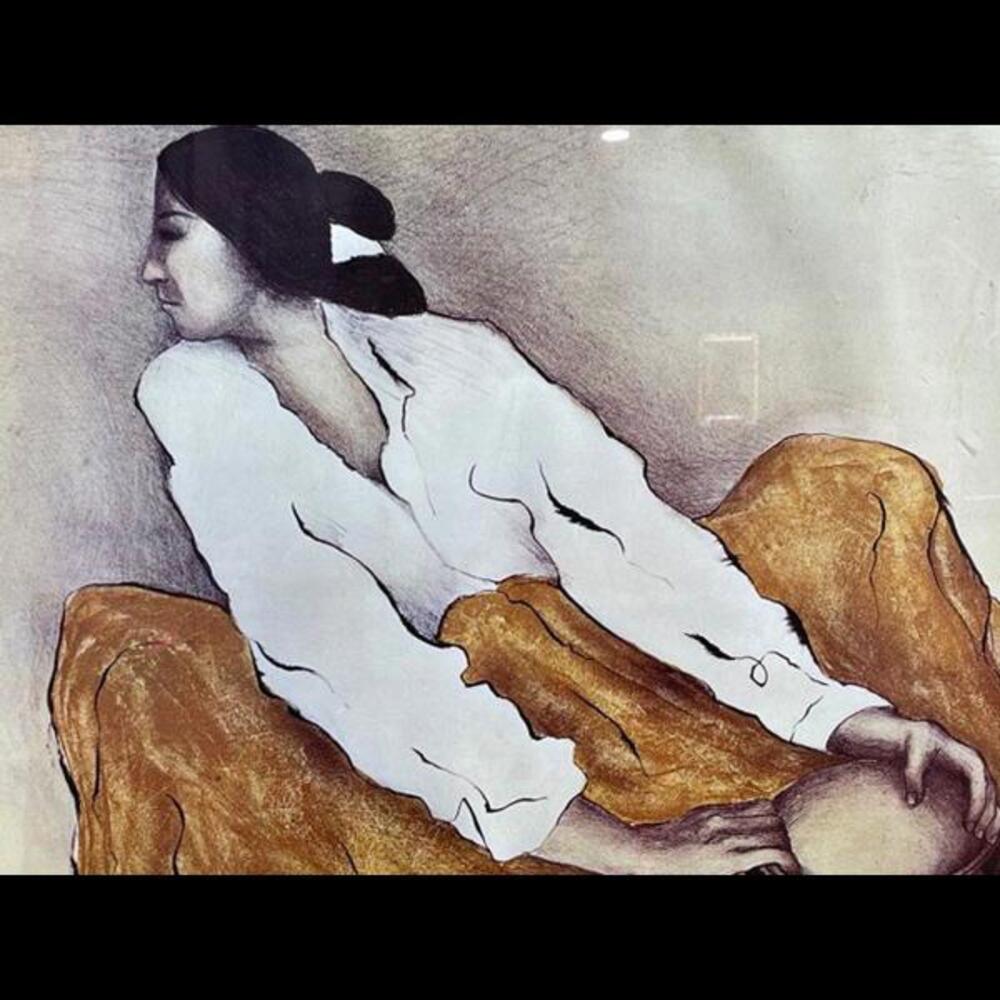 R.C. Gorman Color Lithograph of Figure with Pottery Framed 30x36